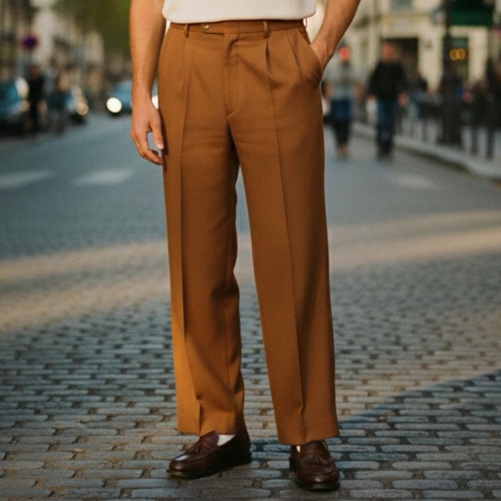 Vintage Pleated High Waist Winner's Rust Polyester Wide Leg Trousers Size 40